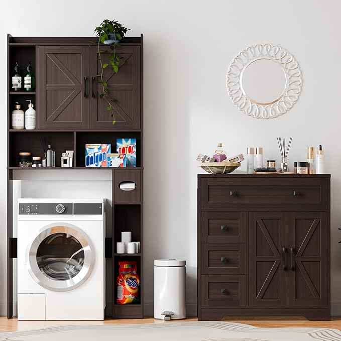 Vabches Farmhouse Storage Cabinet with 2 Doors and 4 Drawers, Freestanding Bathroom Storage Cabinet Kitchen Pantry, Floor Cupboard for Living Room/Bathroom/Kitchen,Espresso