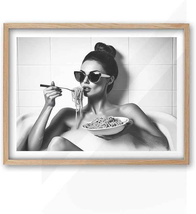 iHery Natural OAK Wood Framed Woman Eating Spaghetti in Bathtub Wall Art, 12x16in Beige Frame Woman Eating Pasta Canvas Print, Black and White Bathroom Poster, Retro Decor Set of 1