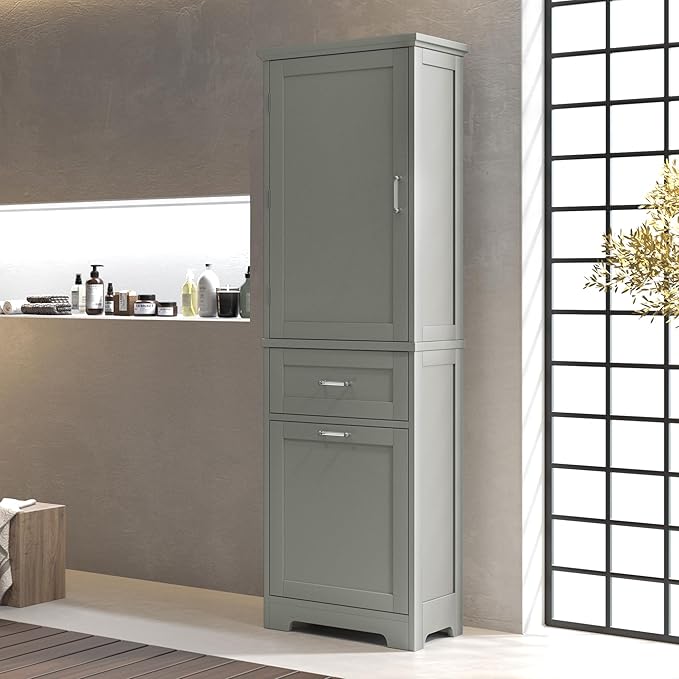 Bathroom Cabinet with Drawers and Doors, Tall Storage Display Organizer, Kitchen Pantry, Grey