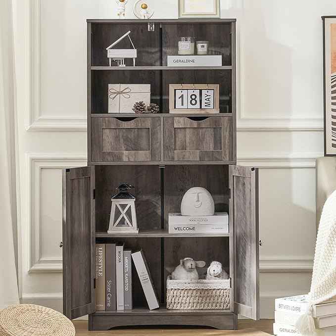 Iwell Tall Storage Cabinet with 2 Drawers & Adjustable Shelf, Bathroom Cabinet with Doors, Kitchen Pantry Storage Cabinets, Cupboard for Living Room, Dining Room, Entryway, Rustic Gray