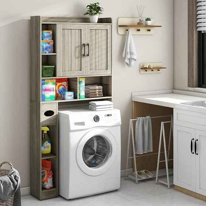 Farmhouse Storage Cabinet Over Toilet with 2 Barn Doors & Toilet Paper Holder Stand, Space-Saving Bathroom Rack