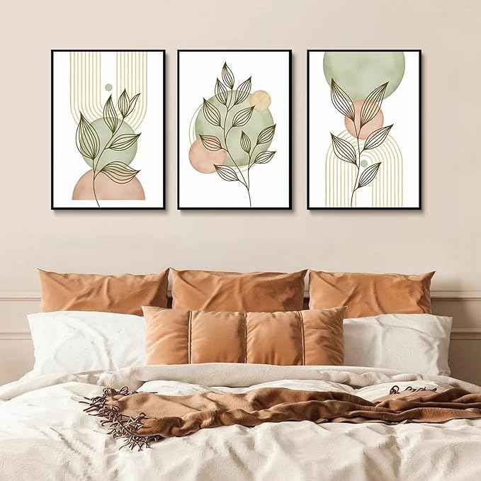 3Pcs Sage Green Boho Canvas Wall Art Modern PinkBotanical Posters Print Abstract With Leafr Pictures Wall Decoration For Living Room Bedroom Bathroom UnFramed