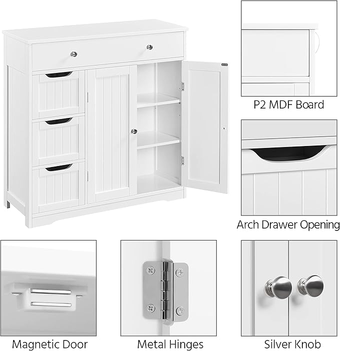 Yaheetech Bathroom Floor Cabinet, Large Storage Space Wooden Organizer with 1 Big Drawer, 3 Small Drawers & 2 Doors, Free-Standing Cupboard for Kitchen/Living Room/Bathroom Use, White