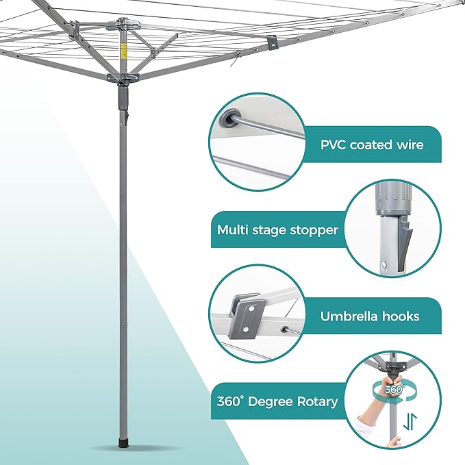 JS HANGER Umbrella Clothesline Outdoor, Height Adjustable Rotary Clothes Drying Rack 131Feet/45m Retractable Clothesline Dryer with 4 Arms