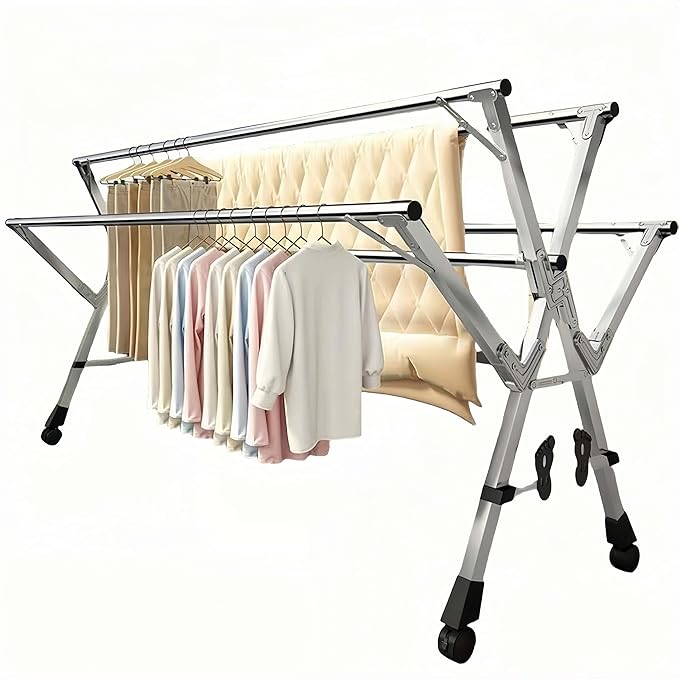5Poles Clothes Drying Rack, Portable Drying Rack Clothing, Blanket Rack Clothesline with 20 Windproof Hooks for Indoor/Outdoor Use