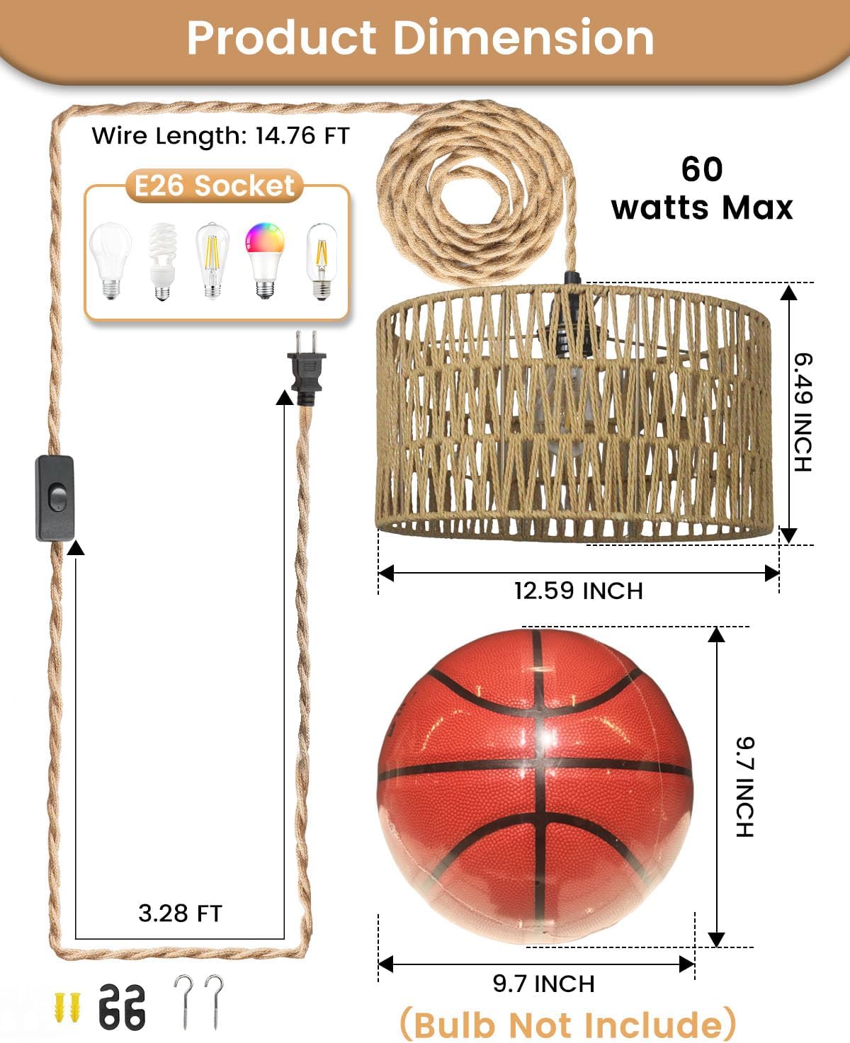 12.6 Inch Boho Hanging Light with Plug in Cord Rattan Hanging Lamp Hand Woven Rattan Wall Lightfor Bedroom, Living Room, Kitchen, Nursery, E26 Base, Indoor,Without Bulb