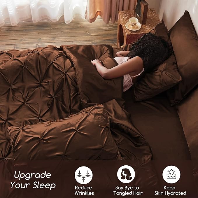 MR&HM Satin Comforter Twin XL 5 Pieces - Luxurious Pinch Pleat Bedding Set with Comforter, Flat Sheet, Fitted Sheet, Pillowcase & Sham, Super Silky Soft Bed Set for All Season (Twin XL, Brown)