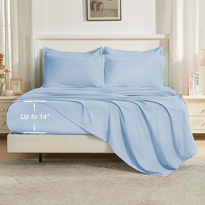 Andency Queen Comforter Set with Sheets Light Blue - 7 Pieces Boho Tassel Bed in a Bag Soft Lightweight Bedding Sets, Fringe Bed Set with Comforter, Sheets, Pillowcases & Shams