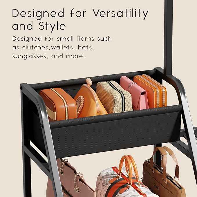 Purse Organizer for Women - 3-Tier Storage Stand & 12 Fixed Hooks, Visible Backpack Storage, Space-Saving Bag Organizer Rack for Home, Closet, Black