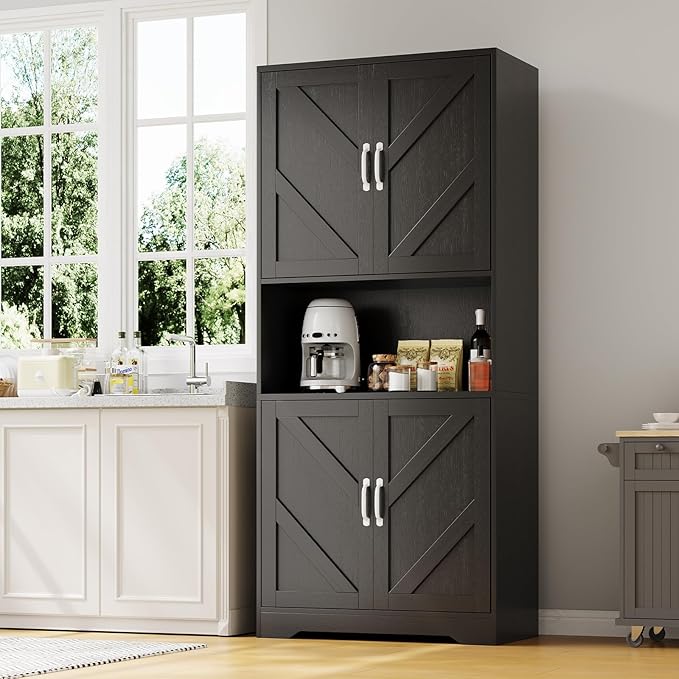 IDEALHOUSE 70" Kitchen Pantry Storage Cabinet, Farmhouse Kitchen Hutch Cabinet with 4 Doors & 2 Adjustable Shelves, Freestanding Cupboard with Microwave Stand for Dining Room,Living Room,Black