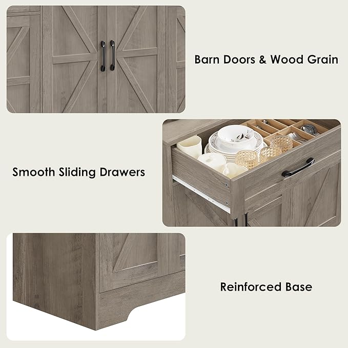 71” Large Sideboard Buffet Cabinet with Storage, Farmhouse Kitchen Buffet Cabinet with Adjustable Shelves and 6 Barn Doors, Wood Coffee Wine Bar Console Table, White, Ash Grey (Ash Grey)