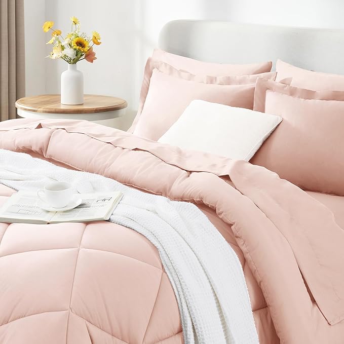 CozyLux Queen Comforter Set Blush Pink - Bed in a Bag Queen Size 7 Pieces, Luxury Soft Bed Set for All Seasons, Bedding Set with Down Alternative Comforter, Sheets, Pillowcases & Shams