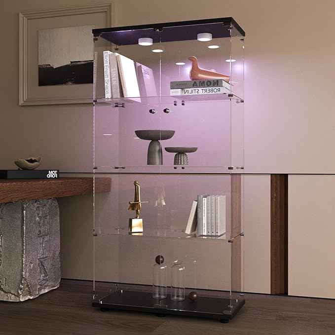 Beauty4U Glass Display Cabinet with Light, 4 Shelves with 2 Doors, Curio Cabinets for Living Room, Bedroom, Office, Black Floor Standing Glass Bookshelf, Quick Installation