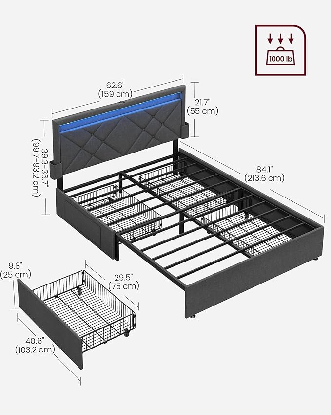VASAGLE LED Bed Frame Queen Size, Queen Bed with Headboard and 4 Drawers, 1 USB Port and 1 Type C Port, Adjustable Upholstered Headboard 36.7/39.3 Inches, No Box Spring Needed, Dark Gray URMB821G71
