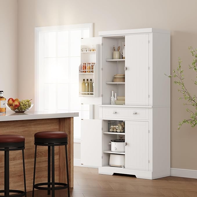 72" Tall Kitchen Pantry Cabinet with 6 Door Shelves, 2 Cabinets & 4 Adjustable Shelves, Freestanding Storage Cabinet for Kitchen, Living Room, Dining Room, White