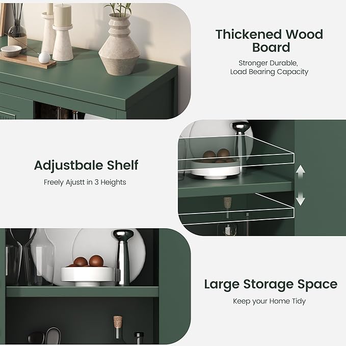 55" Buffet Cabinet with Storage, Modern Fluted Door Design Sideboard Buffet Cabinet with Adjustable Shelf, Coffee Bar Station for Kitchen, Dining Room, Green