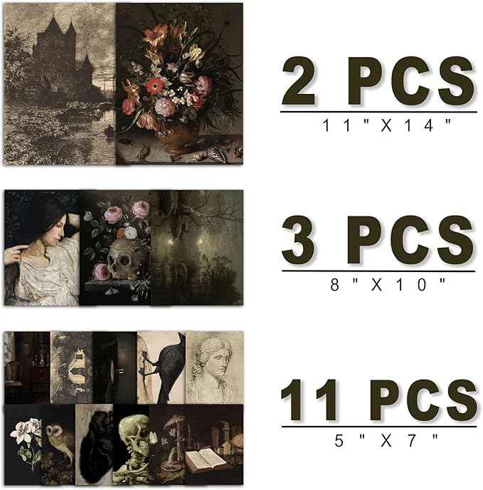 16 PCS Dark Academia Room Decor, Gothic Home Decor, Moody Wall Art Prints for Bedroom, Witchy Posters for Room Aesthetic, Wall Collage Kit Pictures for Living Room, Halloween Dorm Gallery Decor