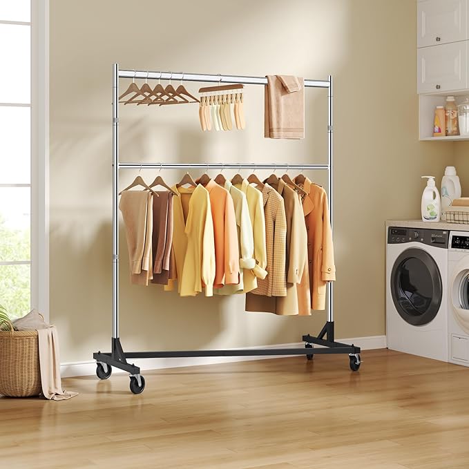 Hoctieon Double Rod Clothes Racks with Z-Base, Adjustable Clothing Rack, Standing Clothes Rack, Metal Clothing Racks for Hanging Clothes, Rolling Garment Rack, Chrome