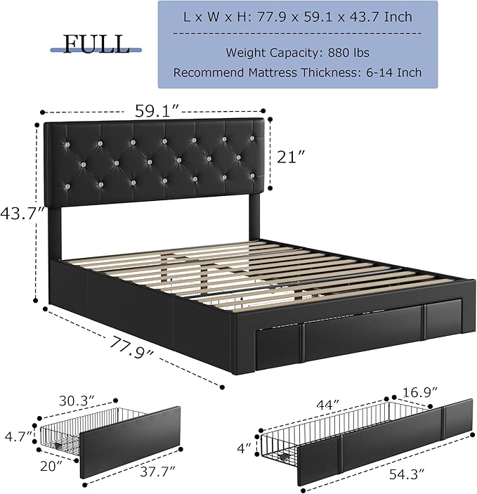 VECELO Full Size Bed Frame with 3 Storage Drawers, Leather Upholstered with Diamond Tufted Headboard, Solid Wood Slat Support, No Box Spring Needed, PU Black