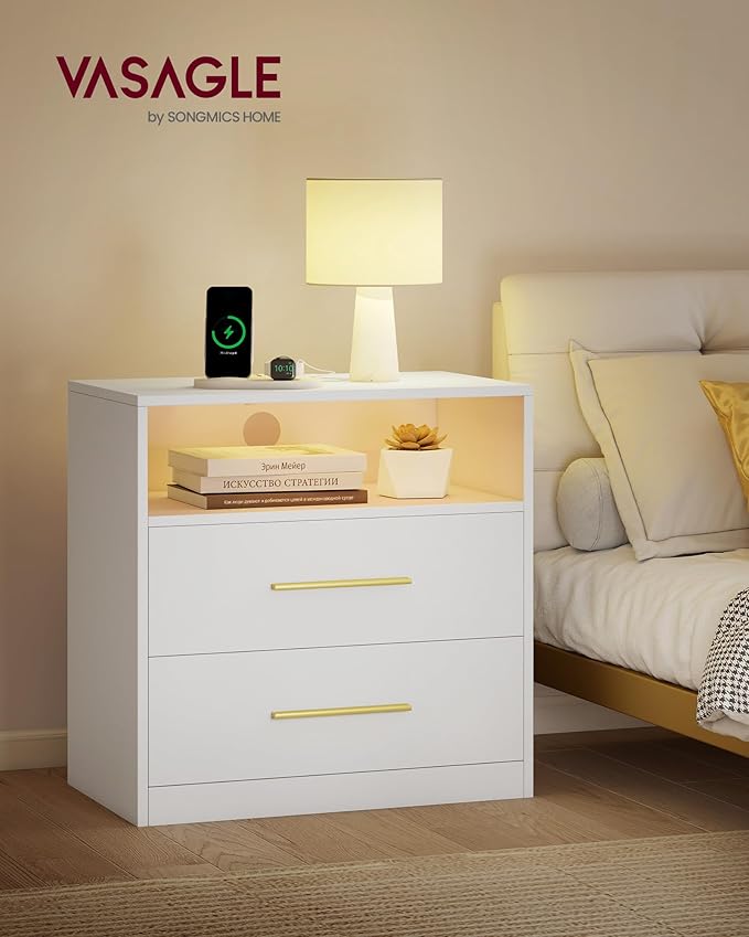 VASAGLE Custos Collection - Set of 2 Nightstands with Charging Station, LED Lights, Modern Night Stands, Side End Tables with Drawers, Open Shelf, 2 AC Outlets USB Ports, Cloud White ULET639WB01S-2J
