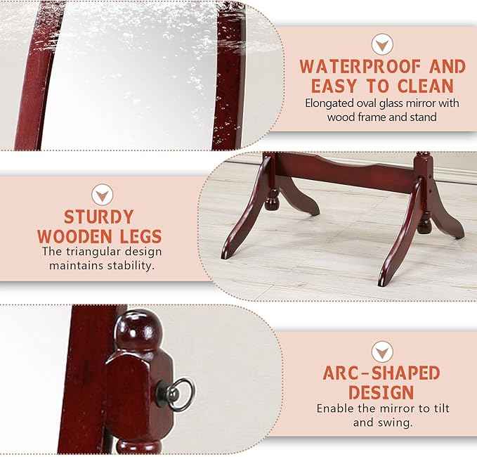Full Length Mirror with Stand, Swivel Adjustable Oval Wood Cheval Floor Mirror, Dressing Cheval Mirror for Bedroom Livingroom, Interior Gift Idea (Cherry)