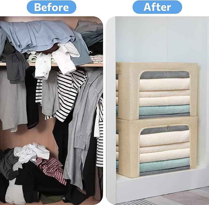 CYhom Extra Large Clothes Storage Bins - Linen Fabric Foldable Stackable Container Organizer Set with Clear Window & Carry Handles & Metal Frame - 2Pack Large Capacity for Bedding, Blankets, Books