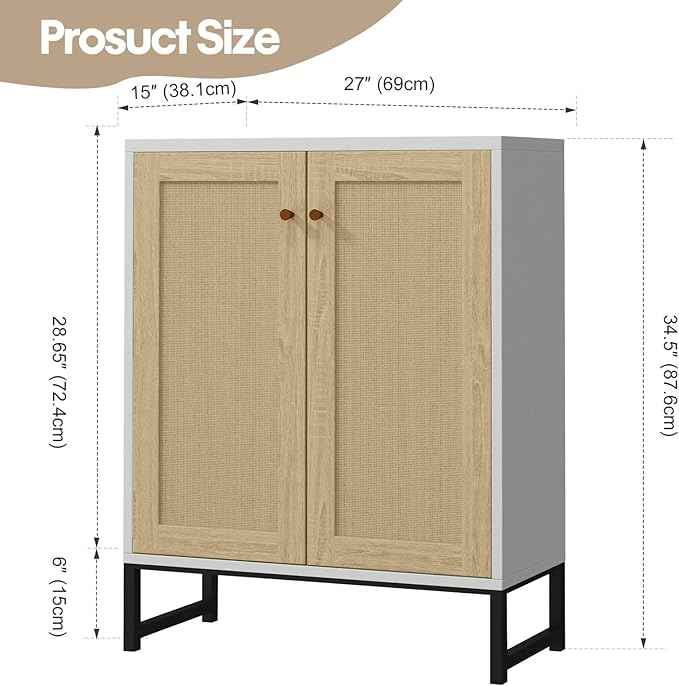 Panana Rattan Decorated 2 Doors Storage Cabinet Accent Cabinet Living Room Cupboard Kitchen Sideboard Buffet Table (White)