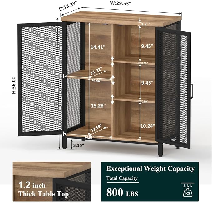 BON AUGURE Coffee Bar Cabinet with Storage for Home Kitchen, Rustic Liquor Cabinet for Entryway, Small Industrial Buffet Sideboard Cabinets for Dining Room (Vintage Oak)