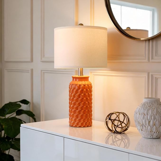 20.5" Ceramic Table Lamps Set of 2, Modern Farmhouse Boho Bedside Lamps for Bedroom, Nightstand Lamps for Living Room End Tables, Small Desk Lamps, Orange