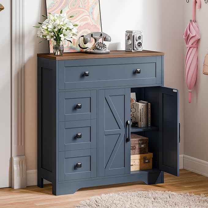 Vabches Farmhouse Storage Cabinet with 2 Doors and 4 Drawers, Freestanding Bathroom Storage Cabinet Kitchen Pantry, Floor Hutch Cupboard for Living Room/Bathroom/Kitchen,Blue