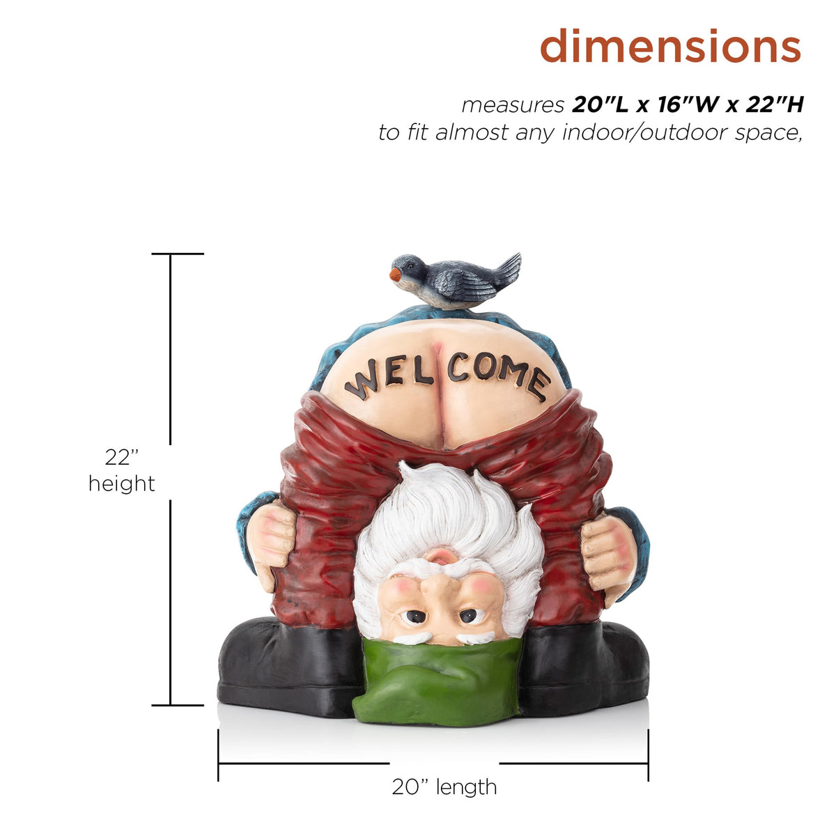 22" Tall Outdoor Mooning "Welcome" Gnome Statue with Bird Figurine