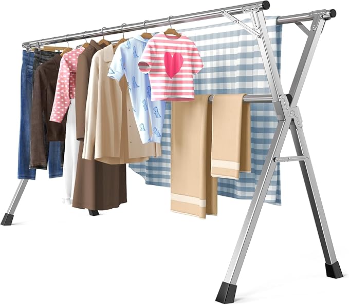 79 Inches Heavy - Duty Stainless Steel Folding Clothes Drying Rack Clothing Indoor Outdoor Anti-Rust 20 Windproof Hooks Portable & Foldable Laundry Rack (79'')
