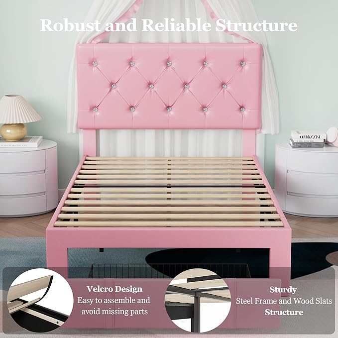 VECELO Twin Size Bed Frame with Storage Drawers, Leather Upholstered with Diamond Tufted Headboard, Solid Wood Slat Support, No Box Spring Needed, PU & Pink
