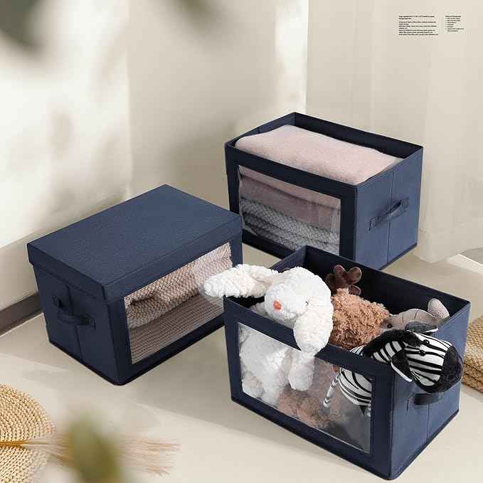 Stackable Storage Bins with Lids - Medium Storage Box with Lids, Foldable Closet Boxes for Organizing, Wardrobe Clothes Organizer with Window, Cubes Bins for Living Room, 5 Pack, Navy Blue