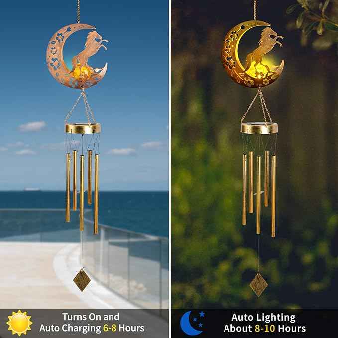 Moon Horsebird Wind Chime Outdoor, Handcrafted Metal Garden Wind Chimes with Horse & Bird Charms, Melodic Wind Bells for Patio Porch Decor, Weatherproof Gift for Equestrian & Nature Lovers