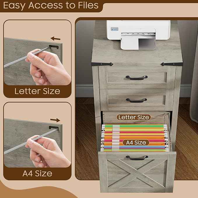 Vabches Vertical File Cabinet with 3 Drawers, Wooden Farmhouse Filing Cabinet for Letter/A4 Size Hanging Files, Under Desk Printer Stand with Storage for Home Office, Grey