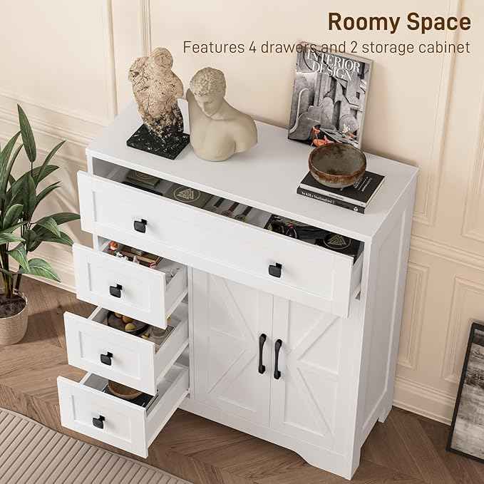 Vabches Farmhouse Storage Cabinet with 2 Doors and 4 Drawers, Freestanding Bathroom Storage Cabinet Kitchen Pantry, Floor Hutch Cupboard for Living Room/Bathroom/Kitchen,(Unique White)