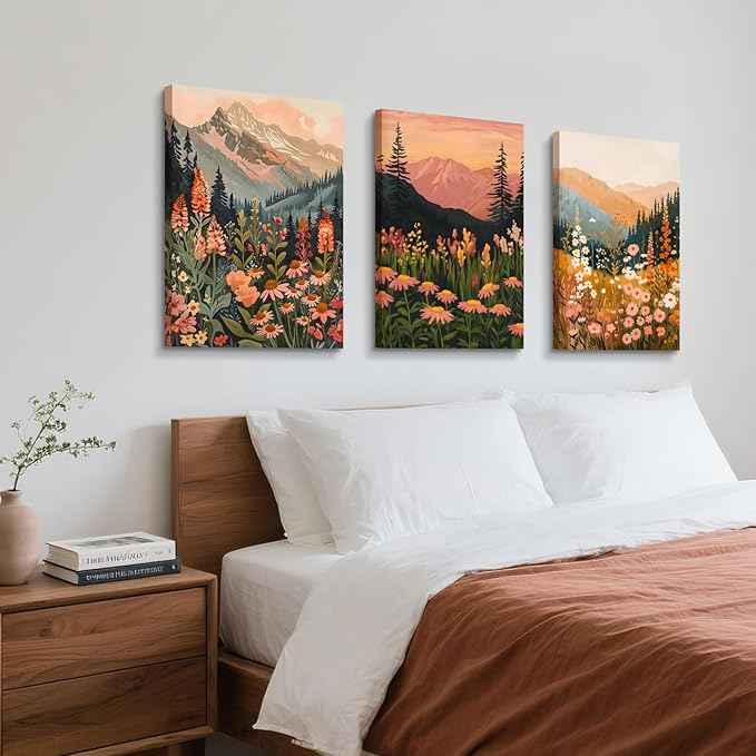 Cyebmo Framed Mountain Wildflower Wall Art Set of 3, Sunset Mountain Nature Wall Decor, Colorful Floral Landscape Canvas Prints, Rustic Botanical Artwork for Bedroom Living Room Office 12x16 Inch