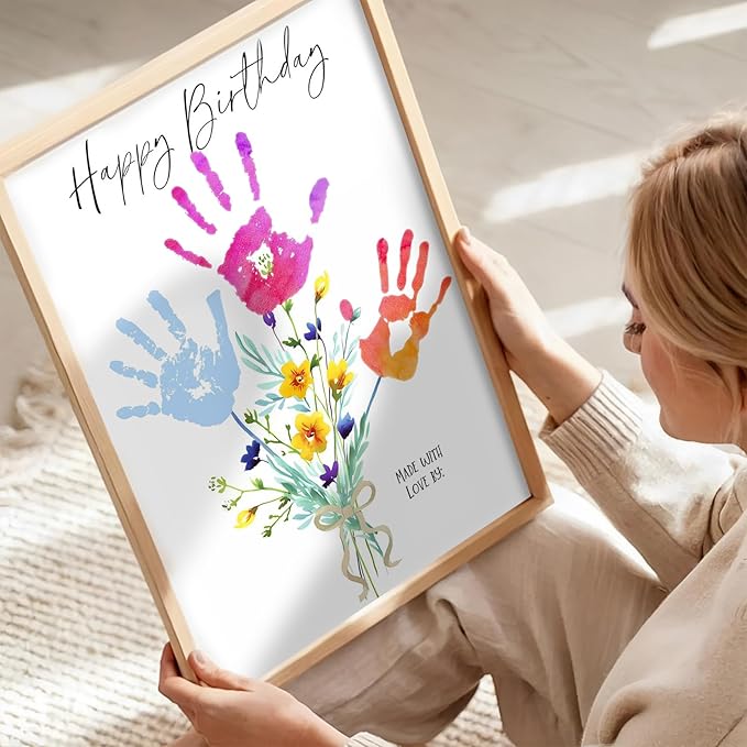 Physkoa Handprint Birthday Art Kit for Mom & Grandma – DIY Floral Keepsake Craft with Frame – Happy Birthday Gift from Kids, Daughter, Son – Handprint Painting Activity (Art Deco-B)