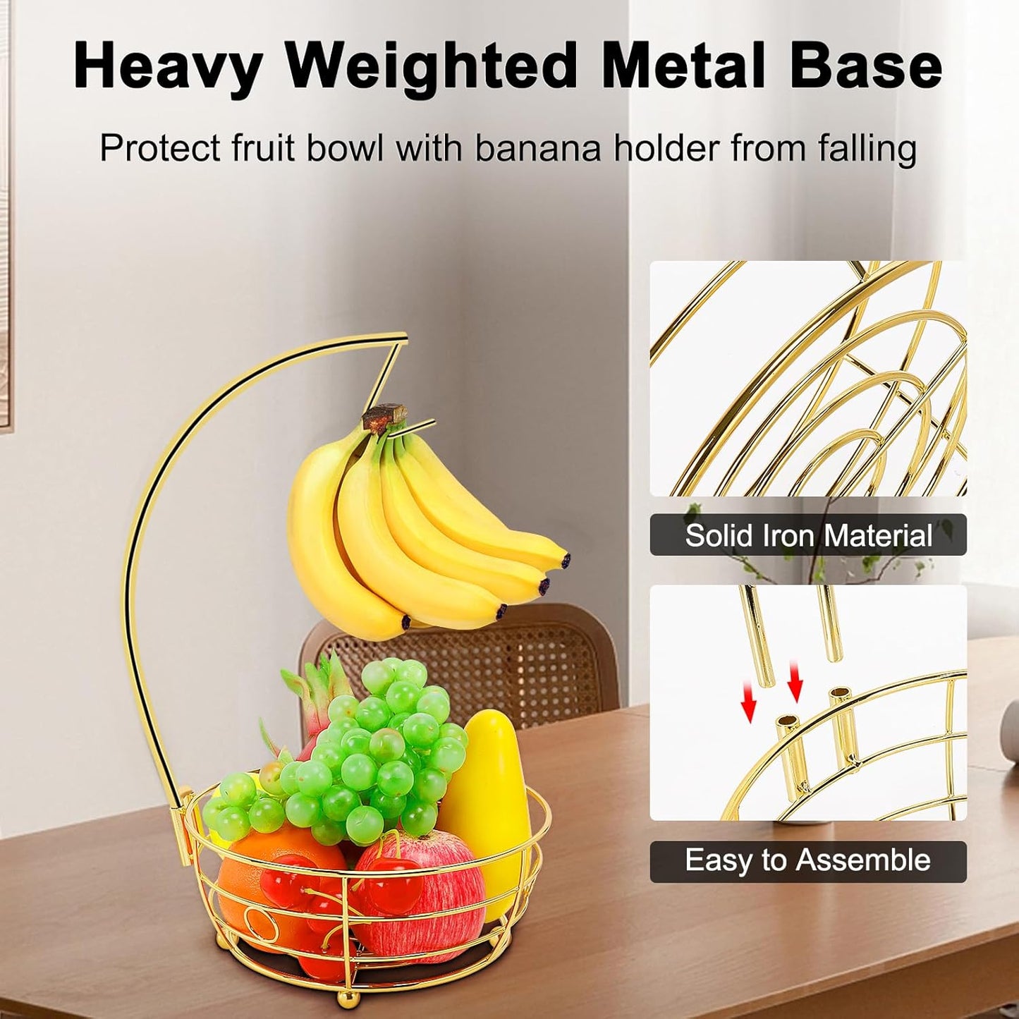 Livabber Countertop Fruit Basket Bowl with Banana Hanger, Modern Standing Fruit Vegetable Bowl Storage, with Banana Tree Holder for Kitchen Dinning Table (Round Metal, Gold)