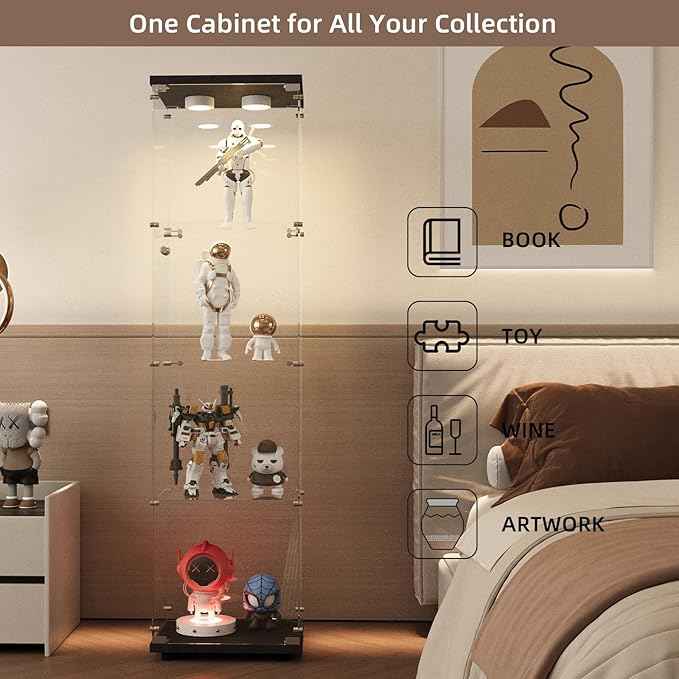 Beauty4U Glass Display Cabinet with Light, 4 Shelves, Curio Cabinets for Living Room, Bedroom, Office, Black Floor Standing Glass Bookshelf, Quick Installation
