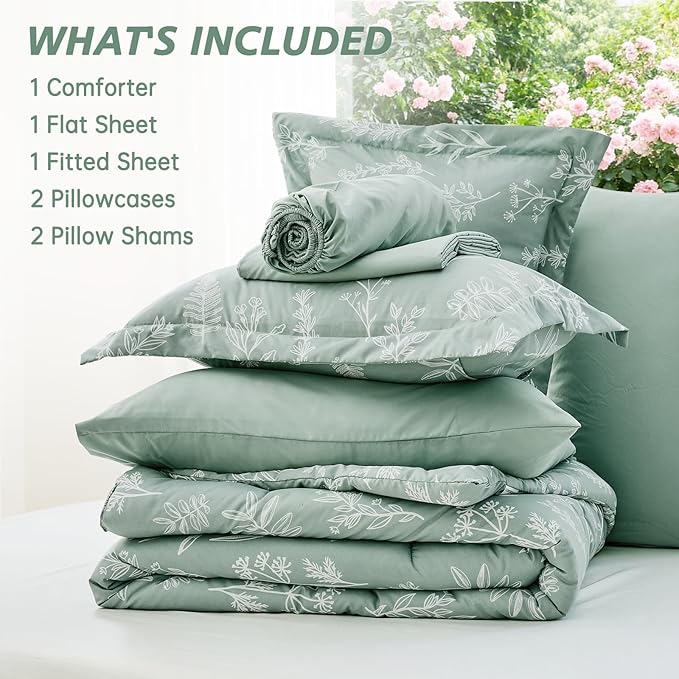 MUXHOMO King Comforter Set 7 Pieces, Sage Green Elegant Floral Print Bed in a Bag King, Ultra Soft & Breathable Reversible Botanical Pattern Bedding Set with Comforter, Sheets, Pillowcases, and Shams