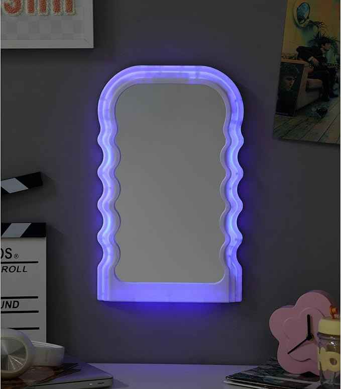Urban Lifestyle LED Wavy Wall Mirror,Color Changing Light Up Mirror for Bedroom, Living Room or Dorm,16.5" x 10.28"