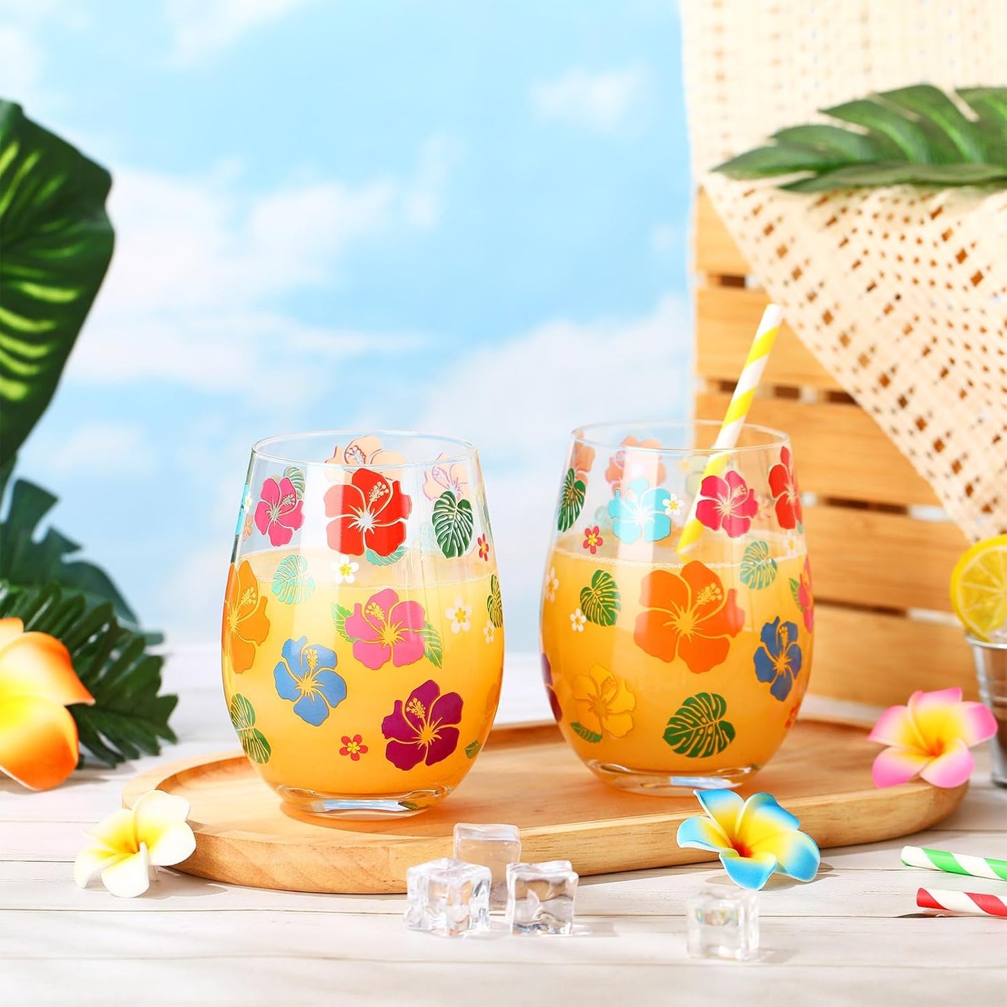 Sliner 2 Pack 17oz Summer Hawaiian Stemless Wine Glasses Aloha Stemless Wine Glass Luau Colorful Flowers Leaves Tumbler Cups for Hawaiian Tiki Party Supplies Birthday Gift