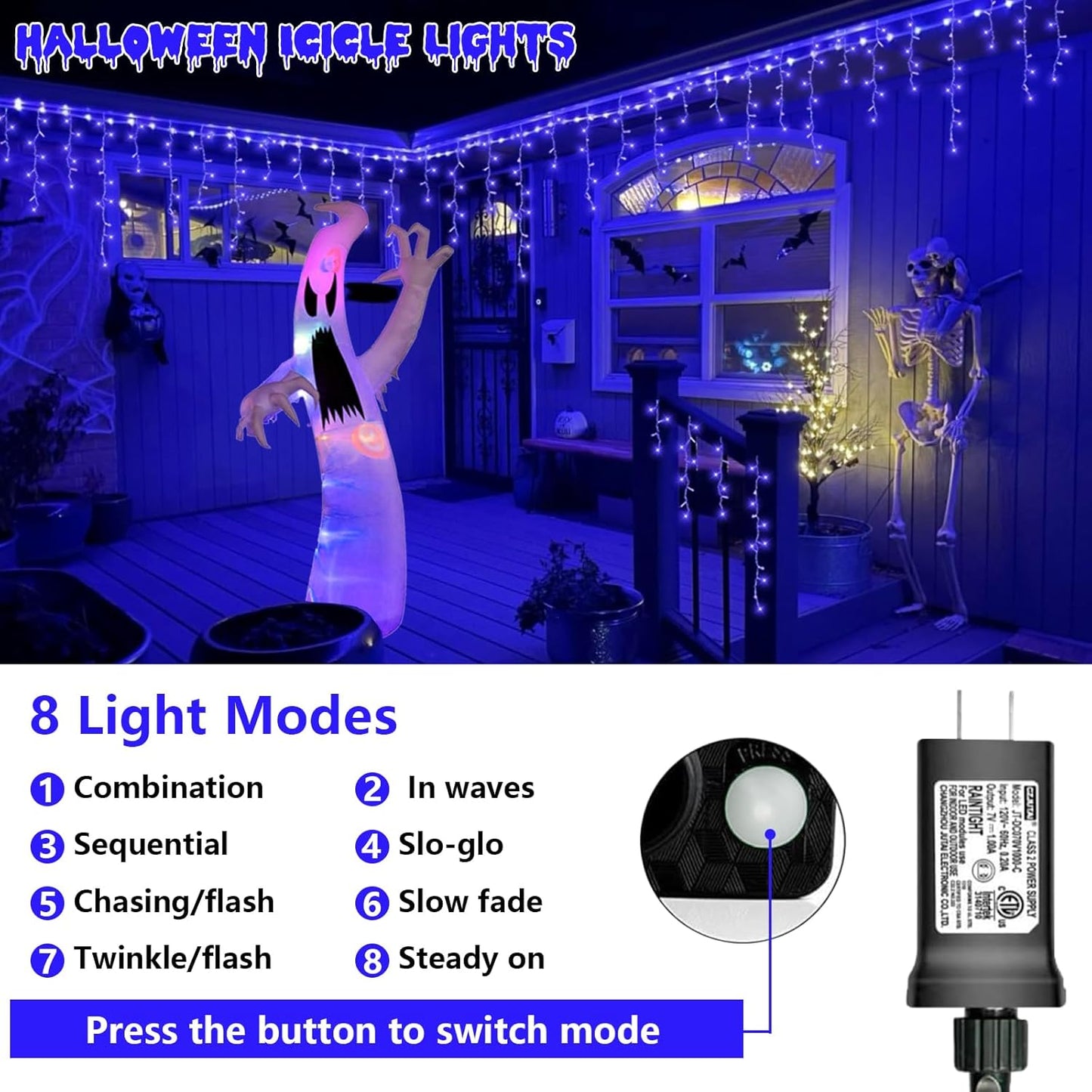 QITONG Blue Icicle Lights for Outside, 33ft 400 LED Icicle Light Plug in with 8 Modes, 160 Drops Clear Wire Connectable Christmas Lights Indoor Plug in