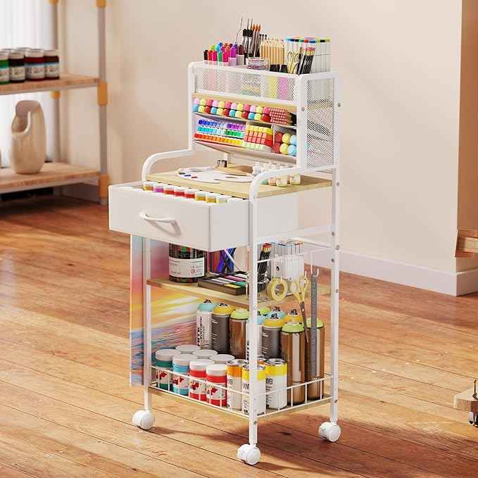 Art cart, 3 Tier Rolling Cart - Utility Cart with Storage Drawer and Wheels, Versatile Art & Craft Organizer for Home, Office, or Studio Ideal for Storing Brushes, Paints （ White）