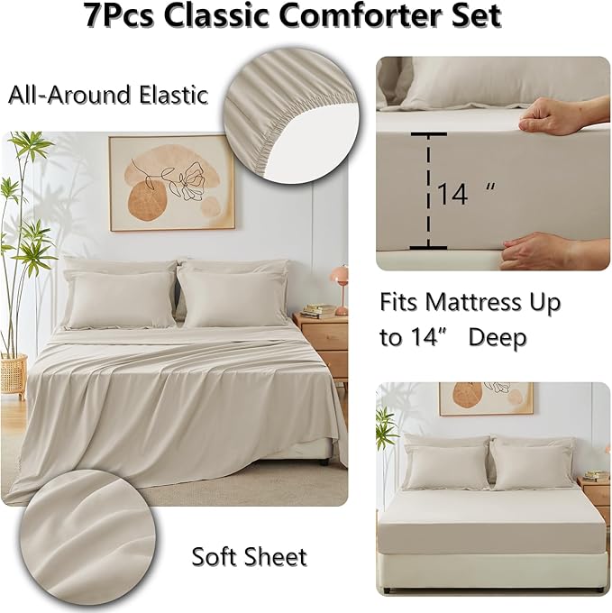 CozyLux California King Comforter Set Oatmeal - Cal King Bed in a Bag 7 Pieces, Luxury Soft Bed Set for All Seasons, Bedding Set with Down Alternative Comforter, Sheets, Pillowcases & Shams