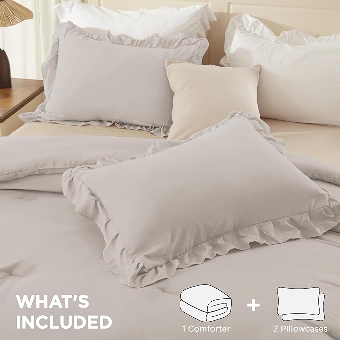 Andency Linen Twin Size Comforter Set, 2 Pieces Lightweight Fluffy Ruffle Bedding Set for Dorm, All Season Soft Farmhouse Shabby Chic Bed Set for Kids, College Dorm (66x90In)