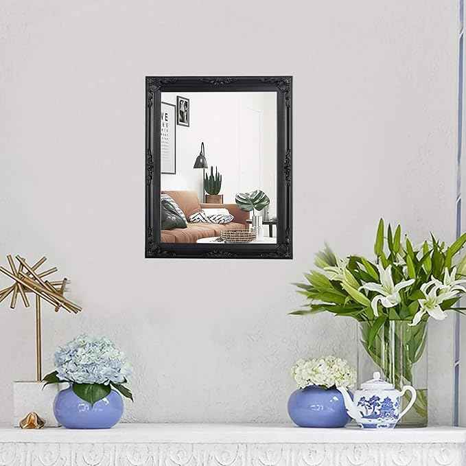 Funly mee Baroque Square Wall Mirror, 12.8 x 15.8 inches, Vintage Black Plastic Frame, Vertical or Horizontal Mount (Black, 12.8 x 15.8)
