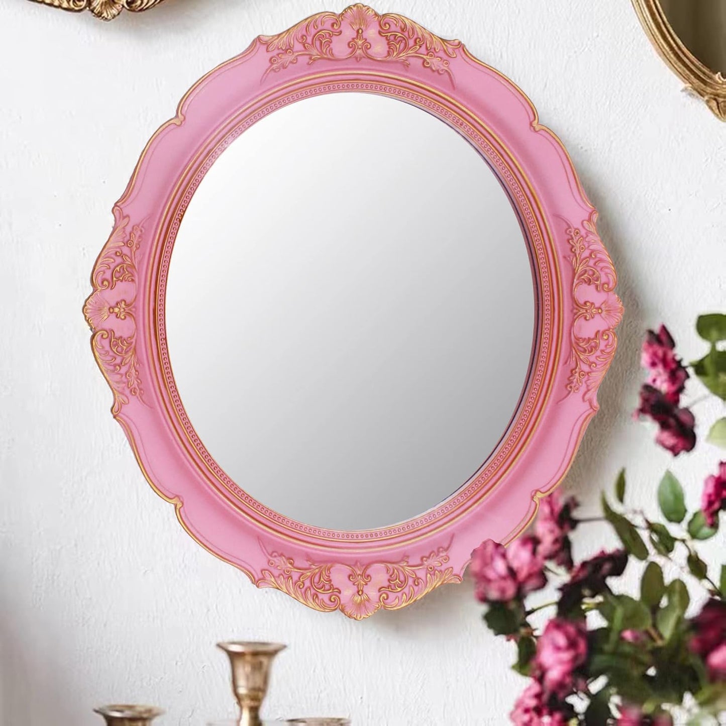 Vintage Decorative Wall Mirror 14.8 x 13.1 Inch Oval Mirror（Pink）